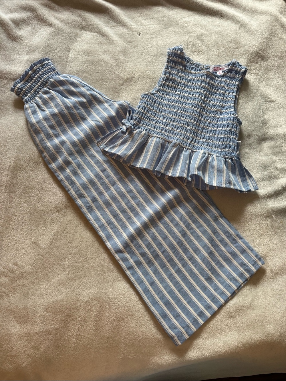Blue and White Striped Smocked Linen Two-Piece Set size Small